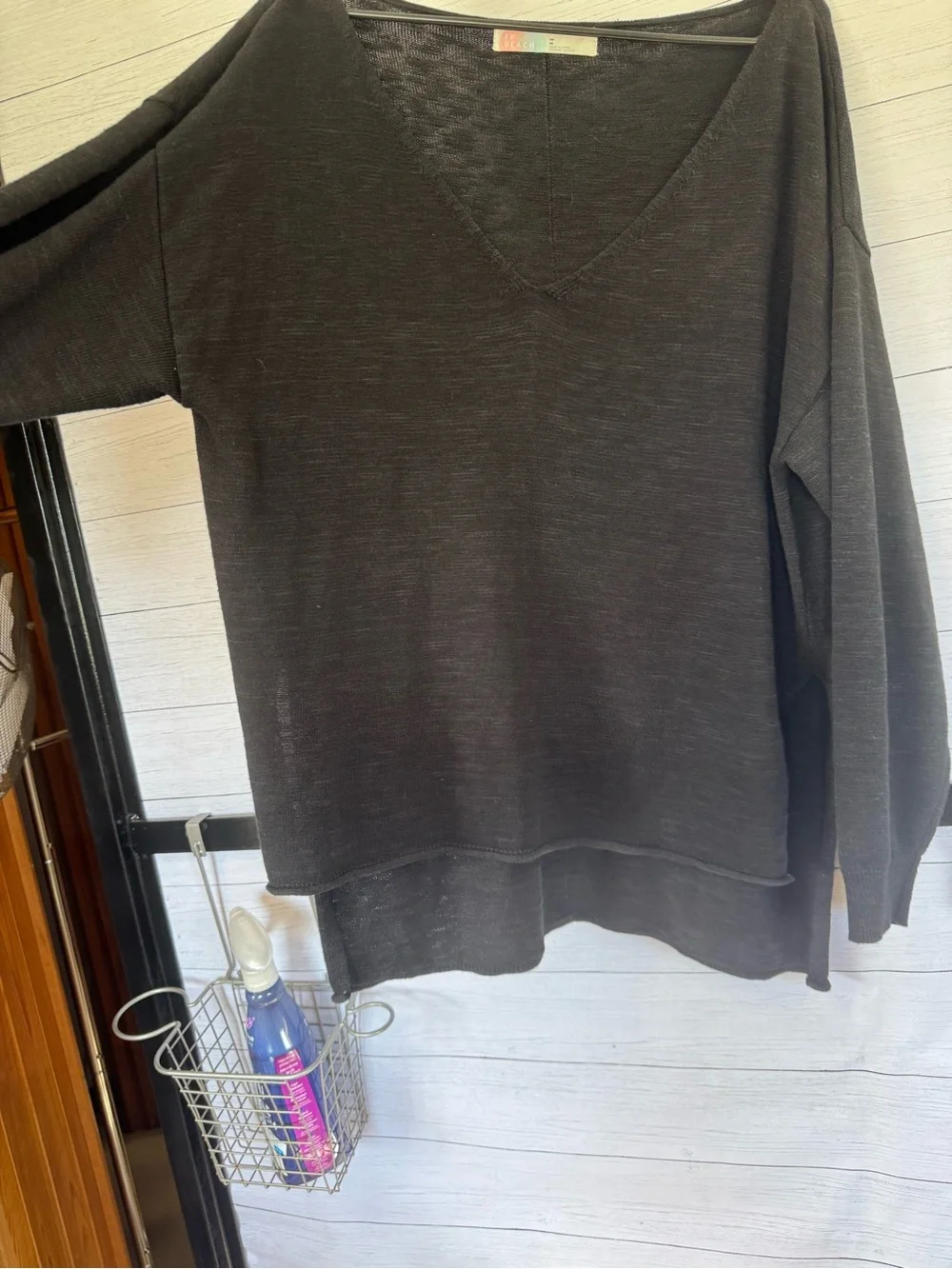 Free People FP Beach Oversized Black Linen Blend V-Neck Sweater M Boho Coastal